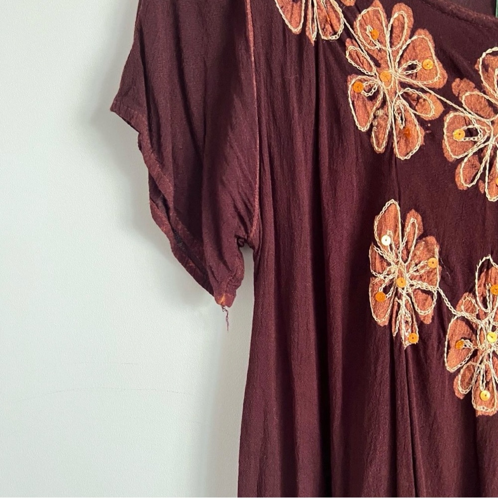 Sunflower Boho Embroidered Brown Orange Sequin Tunic Top Free Size Boho Hippie - Picture 9 of 11